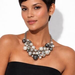 Silver & Pearly Cha-Cha Statement Necklace 8.5" w/ 2" Extender